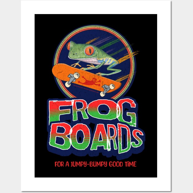 Cute red eyed tree frog riding a skateboard having a jumpy bumpy good time tee Wall Art by Danny Gordon Art